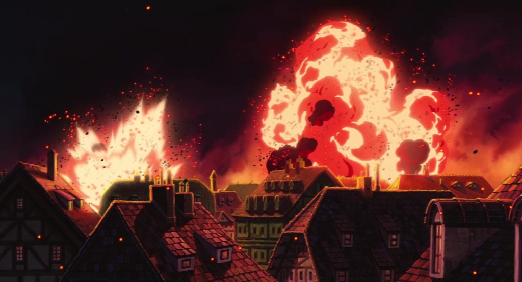 Porthaven gets bombed during the battle scene in Studio Ghibli's animated version of Howls Moving Castle
